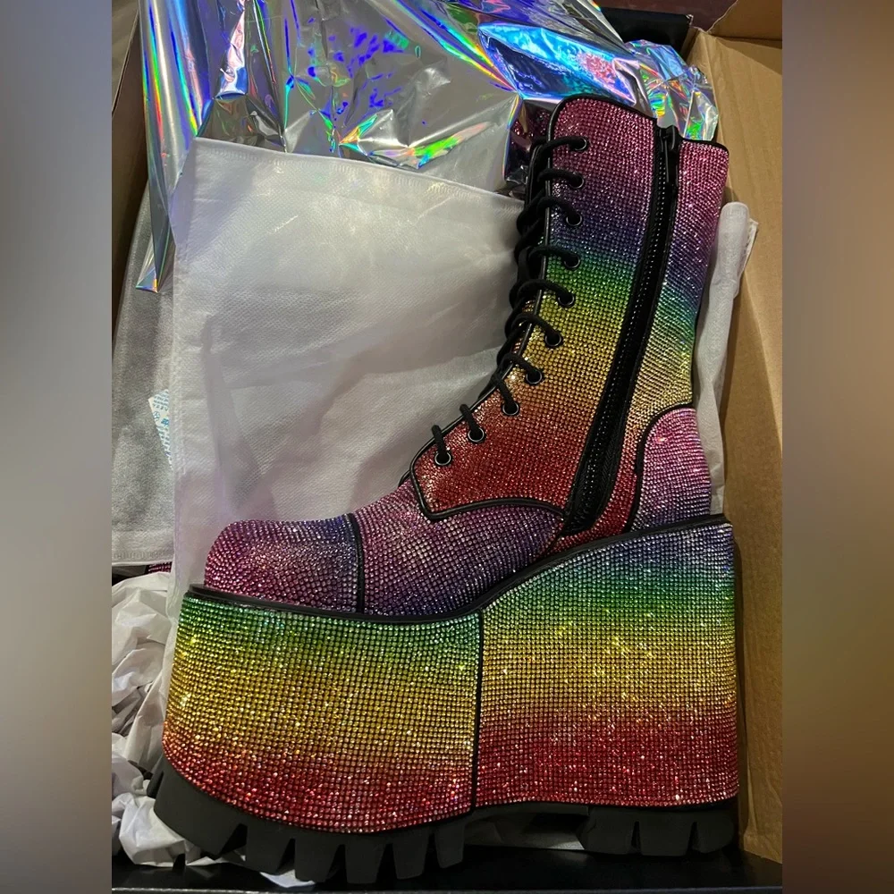 Host Pick 🎉Club-Exx Dolls Kill Rainbow rhinestone platform boots - Picture 2 of 6
